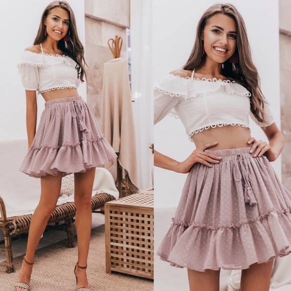 Boho Swiss dot ruffle hem elastic waist skirt pink - Picture 3 of 4